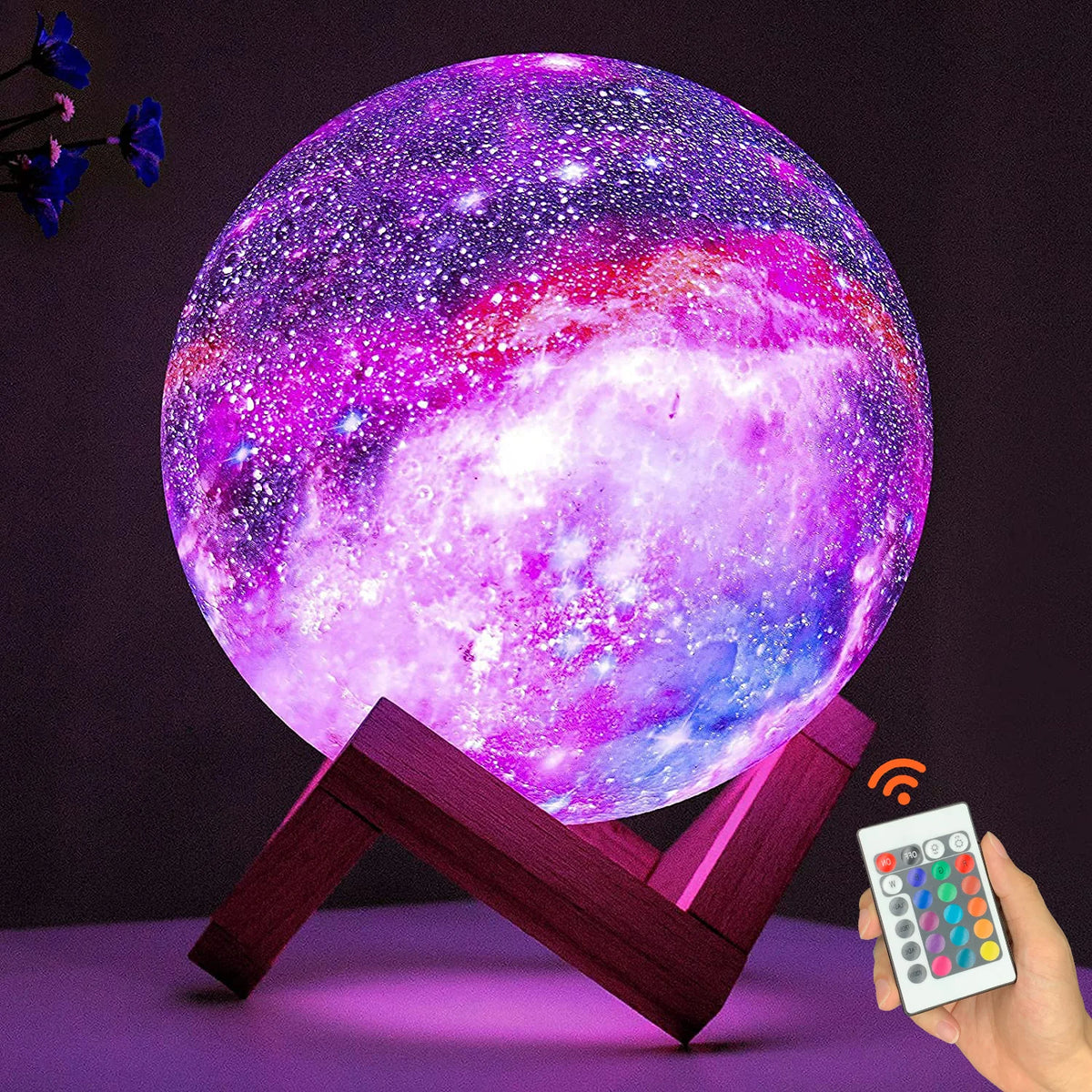 Lampe Lune Galaxie 3D – Veilleuse 16 Couleurs avec Télécommande & Socle en Bois