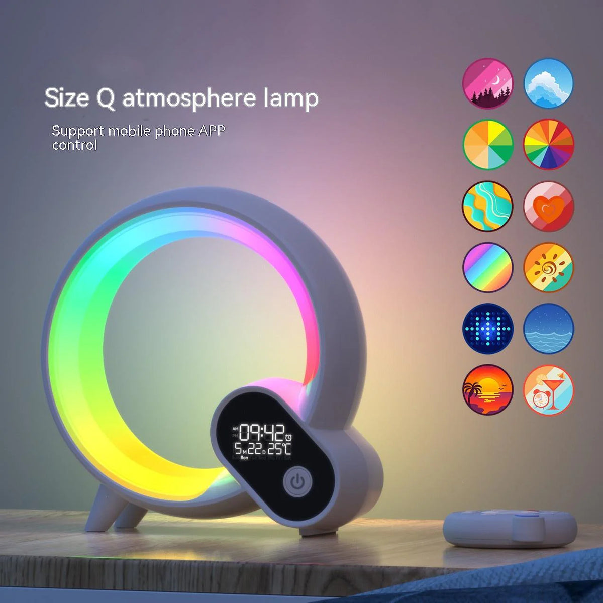 Réveil Lumineux – Lampe d'Ambiance Multicolore avec Bruits Blancs, Télécommande & Appli