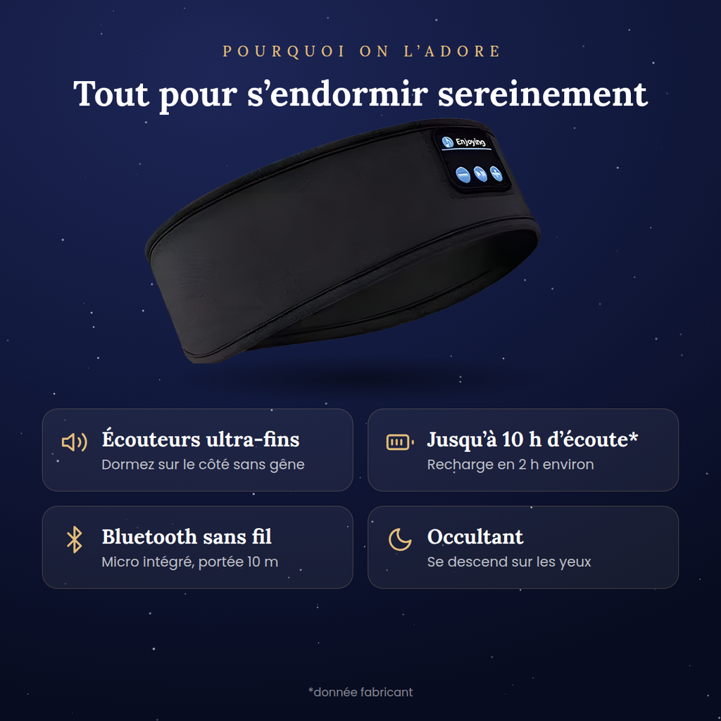 Atouts du bandeau de sommeil Bluetooth : écouteurs ultra-fins, 10 h d’écoute, sans fil, occultant | Maison Nuage