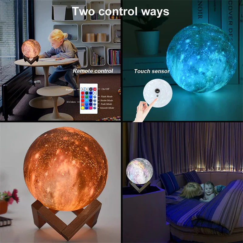 Lampe Lune Galaxie 3D – Veilleuse 16 Couleurs avec Télécommande & Socle en Bois