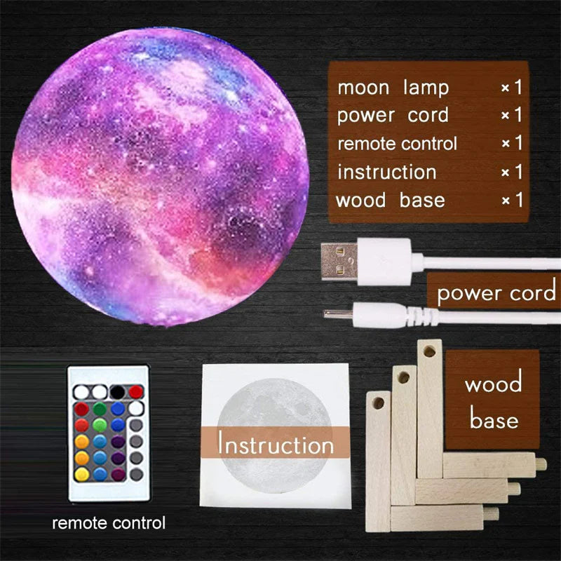 Lampe Lune Galaxie 3D – Veilleuse 16 Couleurs avec Télécommande & Socle en Bois