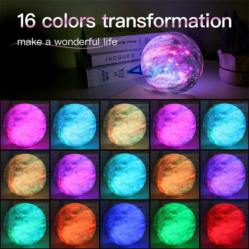 Lampe Lune Galaxie 3D – Veilleuse 16 Couleurs avec Télécommande & Socle en Bois